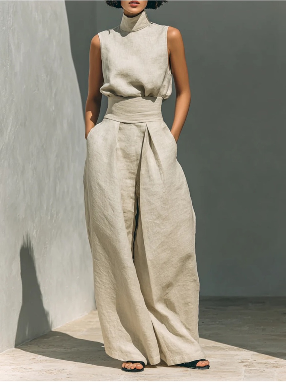 High-Waist Wide-Leg Linen Jumpsuit - Cream
